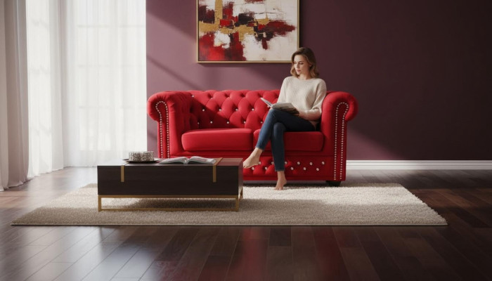 Chesterfield auduma dīvāns ar 2 sēdvietām auduma dīvānu sarkanais divvietīgais.