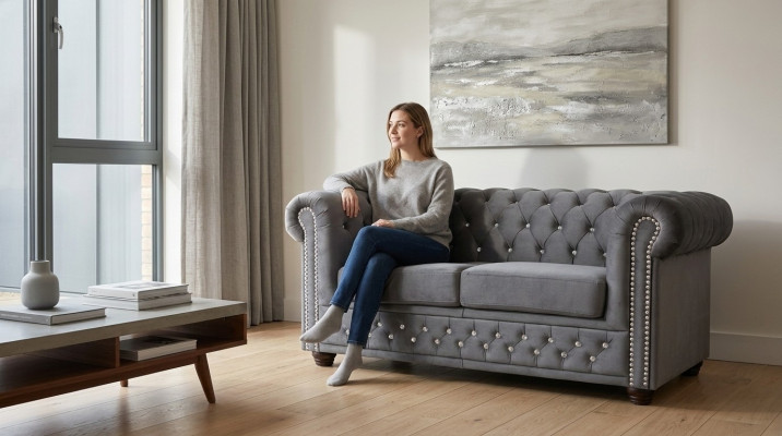 Chesterfield tekstila dīvāns ar diviem vietām, melns divvietīgs dīvāns jauns