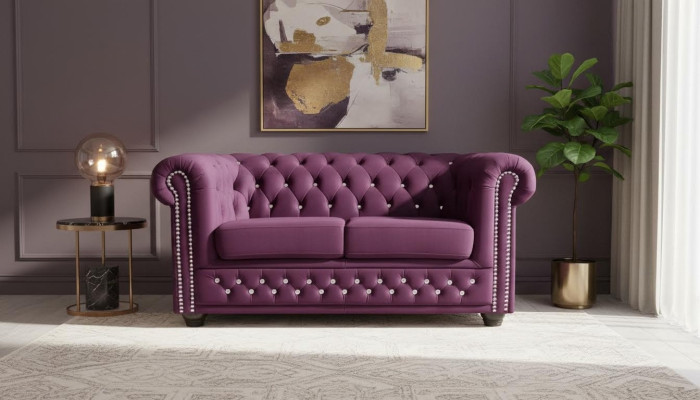 Chesterfield tekstila dīvāns ar polsteriem 2-vietīgs auduma dīvāns purpursarkanā divvietīgais.toolStripButton sofas.