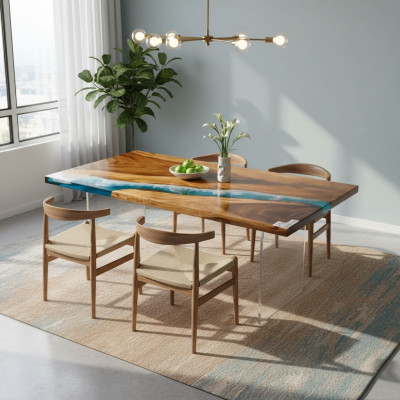 Ēdamgalds River Table Reāls koks Epoksīda smiltsastis Galdi 161x81 Jauns