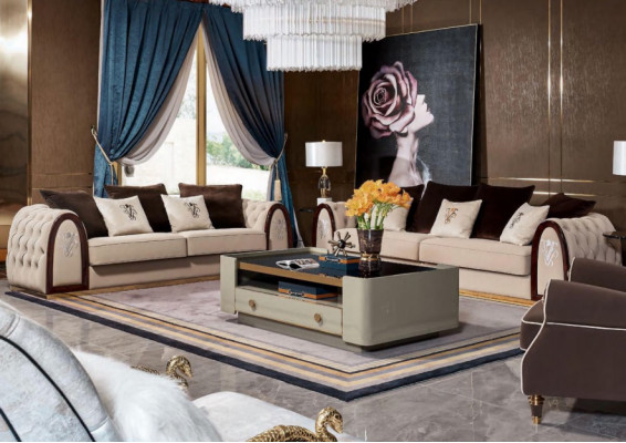 Dīvāns Chesterfield Beige Dīvāni Tekstila Audums Dīvāni Luxus Mēbeles 4 sēdvietas 295cm