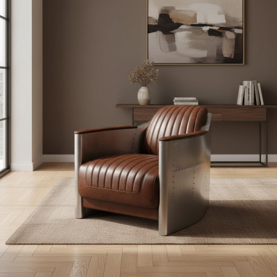 Krēsls īstā āda dīvāns sofa Lidmašīna kluba atpūtas telpa Retro Aviator Veca tipa alumīnijs