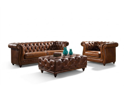 Veco Chesterfield dīvānu komplekts ar čības dīvānu, dīvānu, ādas dīvānu 3+1 vietas komplekts 2 gab.