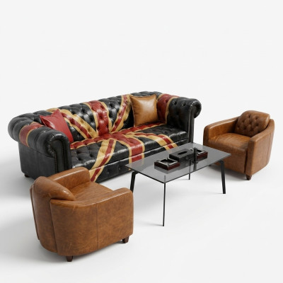 Jack Union Chesterfield Dīvāns Ar 3 Sēdvietām No Ādas Stila Luksusa Polsteris.