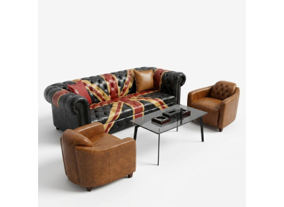 Jack Union Chesterfield Dīvāns Ar 3 Sēdvietām No Ādas Stila Luksusa Polsteris.