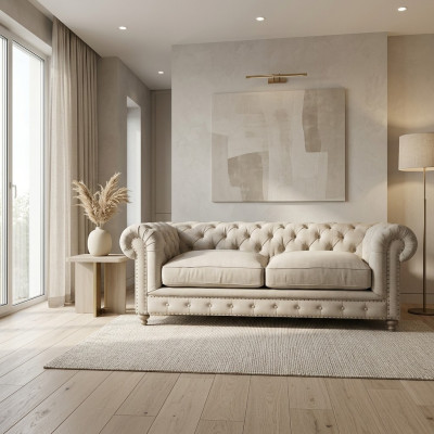 Baltais Chesterfield luksusa trīsējvietīgais modernais 3-sēdvietīgais dīvāns.