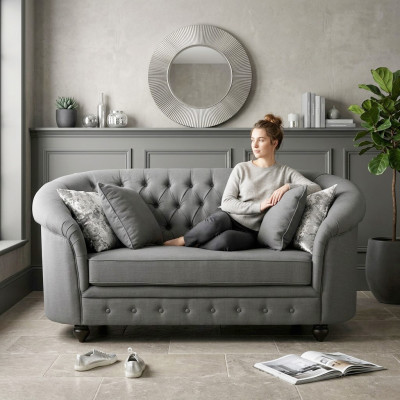 Klasiskā tekstila dīvāns - Pelēkais Chesterfield auduma dīvāns 2-vietīgs Jaunums jvmoebel ®