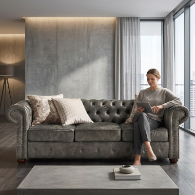 Chesterfield 3 sēdvietu Klasiskā luksusa Baroka rokoko sofa, tekstila un ādas dīvāns, jauns