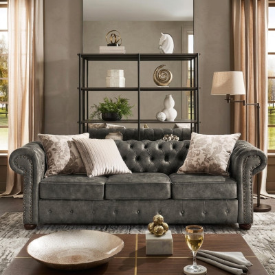 Chesterfield 3 sēdvietu Klasiskā luksusa Baroka rokoko sofa, tekstila un ādas dīvāns, jauns
