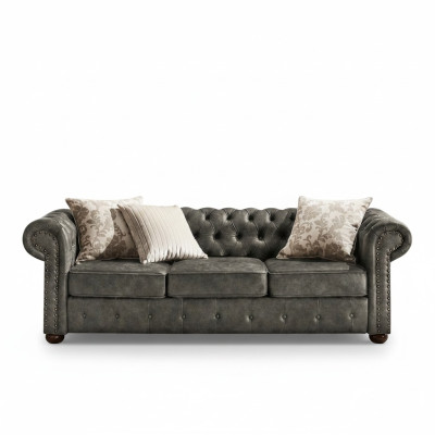 Chesterfield 3 sēdvietu Klasiskā luksusa Baroka rokoko sofa, tekstila un ādas dīvāns, jauns
