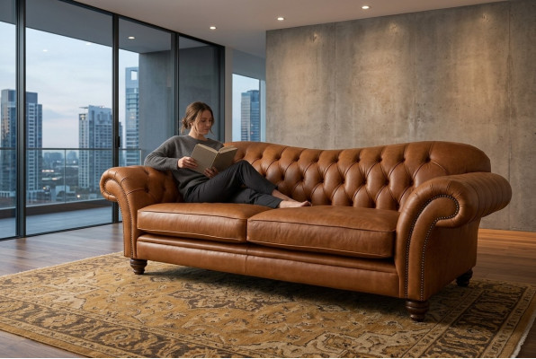Brūns Chesterfield trīsstāvu luksusa dzīvojamo istabu dīvāns.