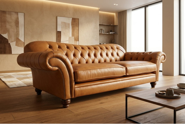 Brūns Chesterfield trīsstāvu luksusa dzīvojamo istabu dīvāns.