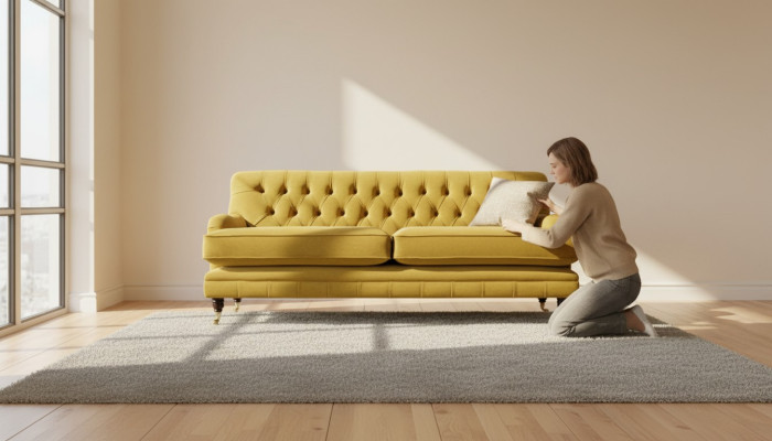 Dzeltenā Chesterfield auduma pārvalkts trīsvietīgs dzīvojamā istaba dīvāns dizains