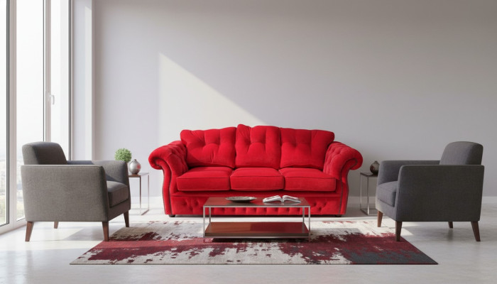 Sarkano Chesterfield auduma pārklājumu trīs vietu dzīvojamā istaba dīvāns dizains