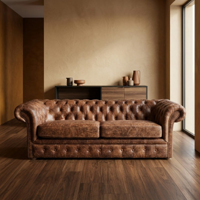 Braun Chesterfield 3 Sitzer Klasiskā luksusa bāroka dīvāns Tekstils āda dīvāns stils