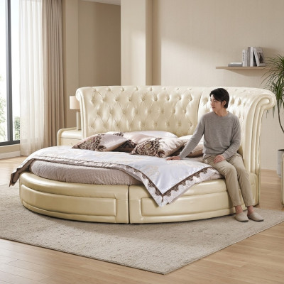 Apgarenā gulta Chesterfield dizainera apļa guļamistabas auduma ādas pārklāti gultas.