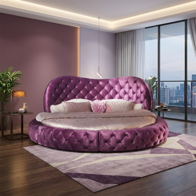 Apgultis ar apaļu Chesterfield dizainu guļamistabai tekstila ādas gultas polsterējumu purpursarkanajā krāsā. Luxe.