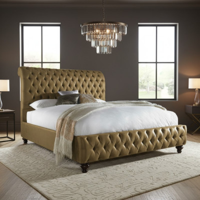 Zelta luksusa samta tekstils, Anglijas divvietīgs dizains "Chesterfield" 160x200 cm gultas.