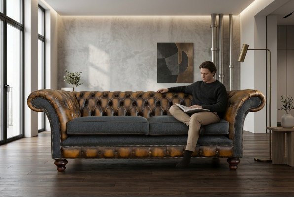 Dizaina "Chesterfield" dīvāns 3 dīvāns dīvānu komplekts auduma polsterējumā ādas trimēts.