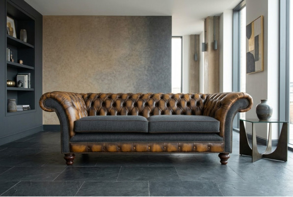 Dizaina "Chesterfield" dīvāns 3 dīvāns dīvānu komplekts auduma polsterējumā ādas trimēts.