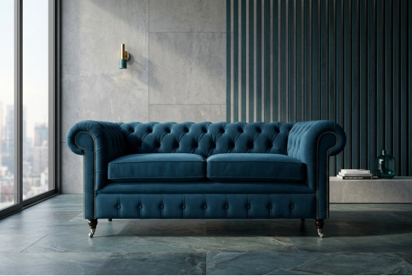 Zils luksusa mīkstais Chesterfield dizainera trīsvietīgs dīvāns