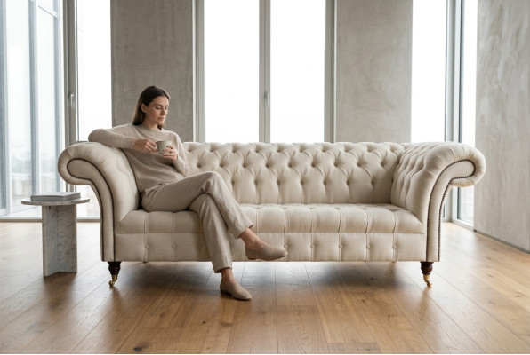 Moderna beige Chesterfield 3-vietu dīvāns dzīvojamās istabas dīvāns