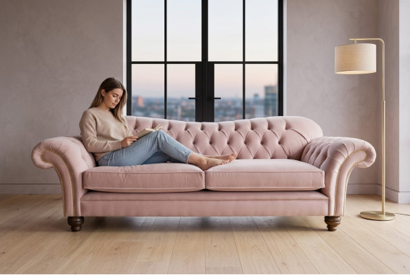 Klasiskais Chesterfield dīvāns 4 sēdvietu dīvāns, samta āda, rozā dizains, 240 cm