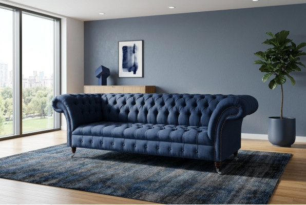 Zils auduma Chesterfield 4-vietīgs dizainera mīkstais dīvāns