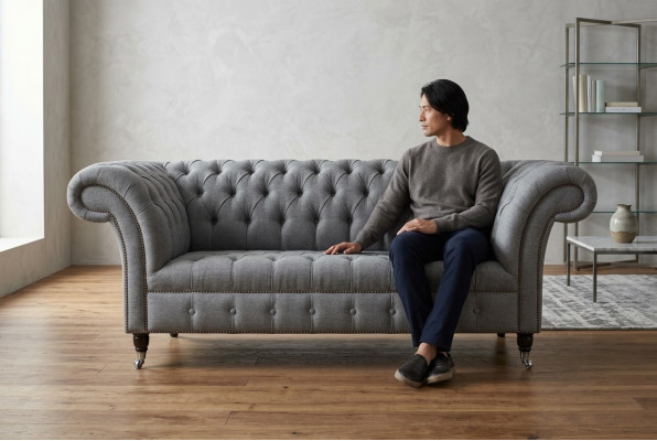 Chesterfield Original Sofa JVMoebel Tekstila Sofas audums pelēka 185cm Dīvāns Couch.