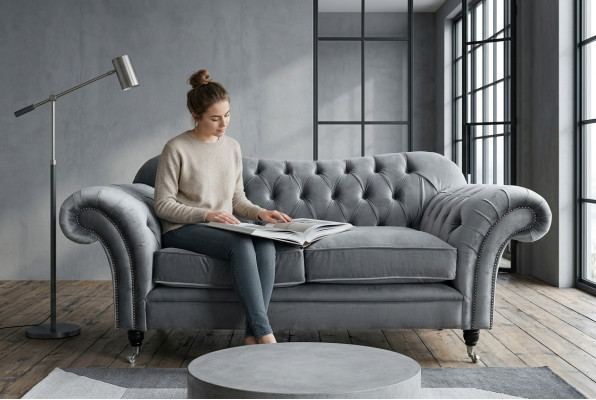 Chesterfield Original dīvāns auduma dīvāns stoff pelēks 200 cm dīvāns