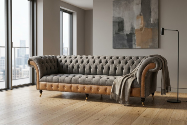 Pelēcīgi brūnais Chesterfield dīvāns, dizainera 4-vietīgais luksusa dīvāns.