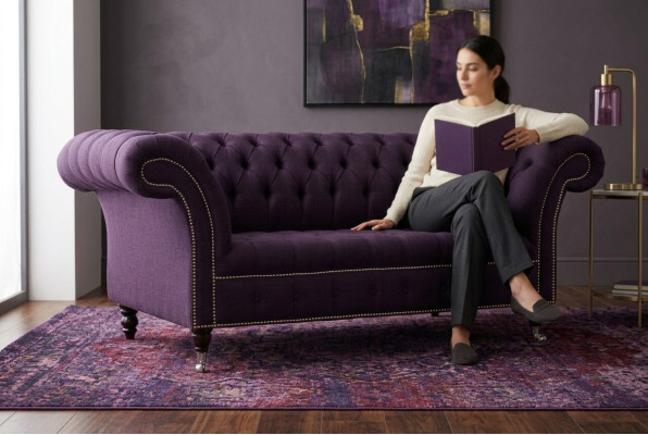klasiskā Chesterfield dīvāns 3 vietu dīvāns Samta āda violetā dizaina apdare