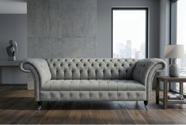 Dzīvojamā istaba Chesterfield dīvāns dizaina auduma 3-vietīgi pelēki dīvāni