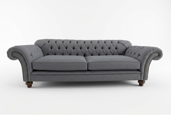 Mūsdienīga Chesterfield dīvāna 4-vietīga spanos samta ādas dizaina pelēka dīvāna.