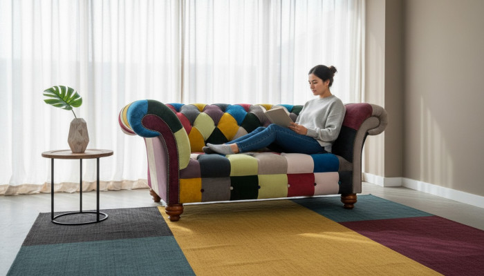 Moderns dizains Krāsains Chesterfield 2-vietīgs dīvāns Tekstils Dīvāns Peldētājs dizains