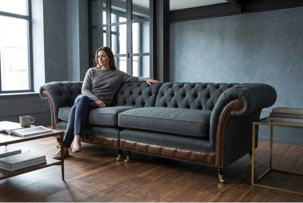 Chesterfield Sofa Dīvāna dīvāns Pildījums Dīvāna Couchers Viersēdvietu audums 265cm Sēdekļa polsteris