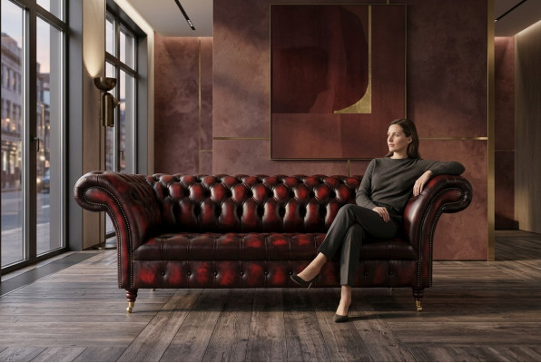 Bordo Chesterfield divdzimums Luxus dzīvojamā istaba 3-vietīgais dīvāns