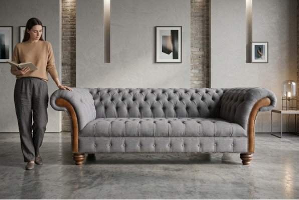 Nobela pelēka Chesterfield trīsvietīga luksusa dzīvojamā istaba 3-vietīga dīvāns
