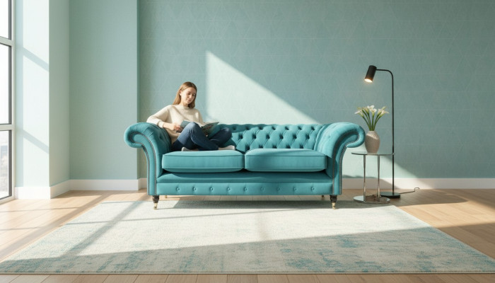 Tirkīza Chesterfield dīvāns, dizaina 3-vietīgs luksusa dzīvojamā istaba dīvāns