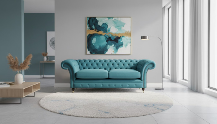 Tirkīza Chesterfield dīvāns, dizaina 3-vietīgs luksusa dzīvojamā istaba dīvāns