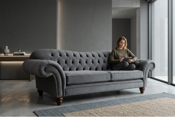 Lielā gulta 4 sēdvietu dīvāns Chesterfield mēbeļu komplekts auduma tekstila jauns pelēks.