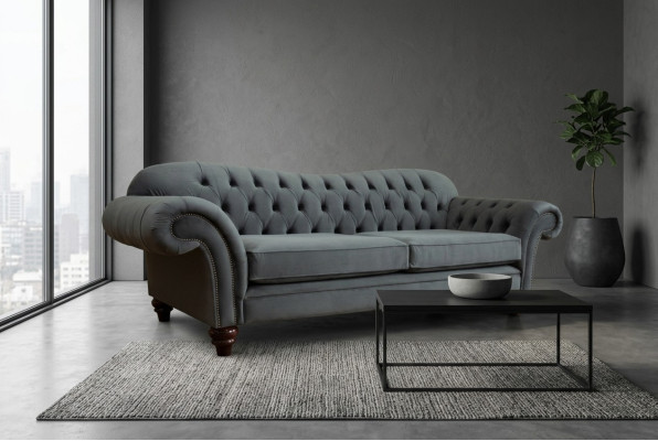 Lielā gulta 4 sēdvietu dīvāns Chesterfield mēbeļu komplekts auduma tekstila jauns pelēks.