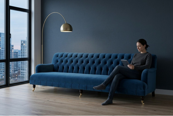 Liels zils Chesterfield četrstāvu xxl luksusa dīvāns ar polsterējumu un mēbelēm.