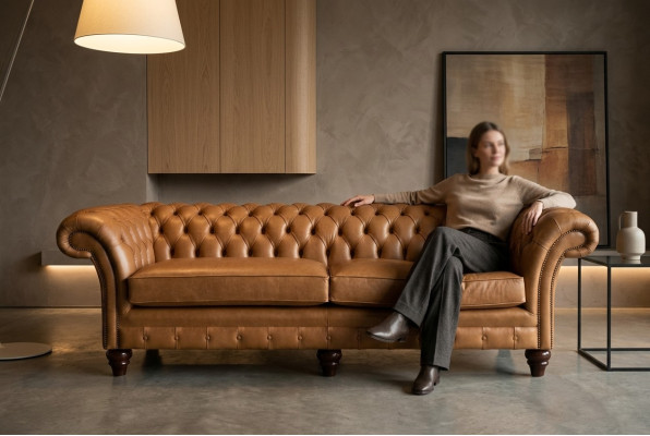 Brūns Chesterfield dīvāns, luksusa 4-vietīgā dīvāns, pārklāts ar auduma polsteri.