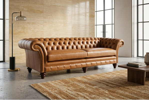 Brūns Chesterfield dīvāns, luksusa 4-vietīgā dīvāns, pārklāts ar auduma polsteri.