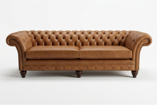 Brūns Chesterfield dīvāns, luksusa 4-vietīgā dīvāns, pārklāts ar auduma polsteri.