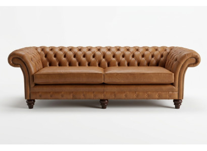 Brūns Chesterfield dīvāns, luksusa 4-vietīgā dīvāns, pārklāts ar auduma polsteri.
