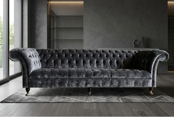 Dizainera "Chesterfield" pelēka luksusa dīvāns 4-vietīgais auduma dīvāns