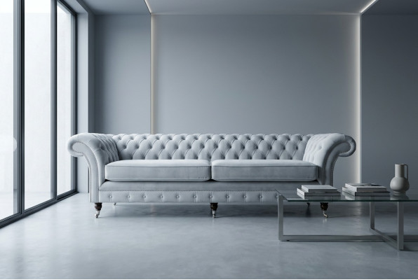 Pelēks Chesterfield 4 vietu mīkstais dīvāns Moderns stils audekls Samta tekstila audums dīvāns
