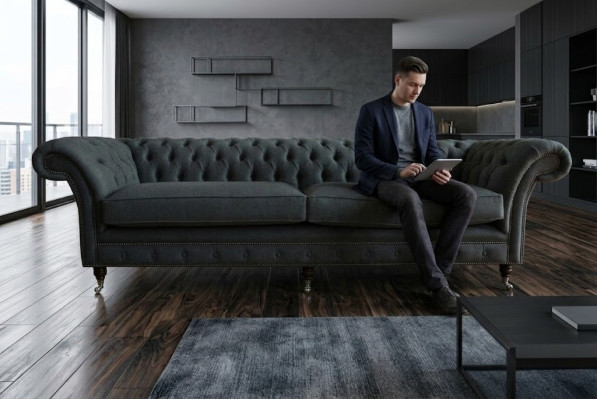 Oriģinālais Chesterfield tekstila ādas dīvāns ar lielu sēdvieta pelēka krāsā, 265 cm.